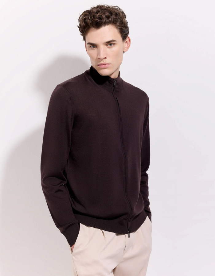 Full-zip trui in Royal Merino wol koffiebruin