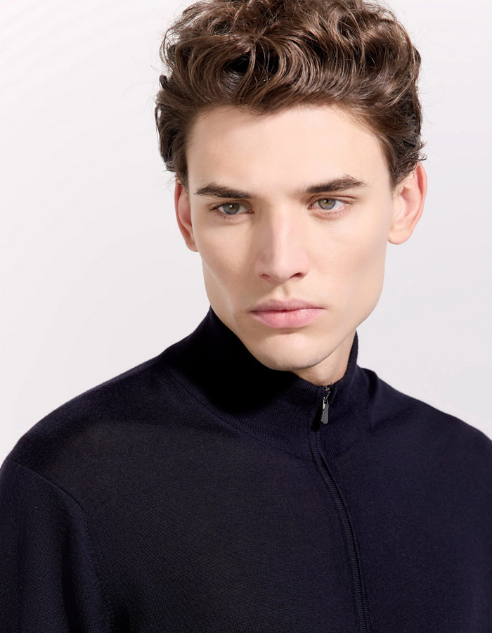 full-zip trui in Royal Merino wol navyblauw
