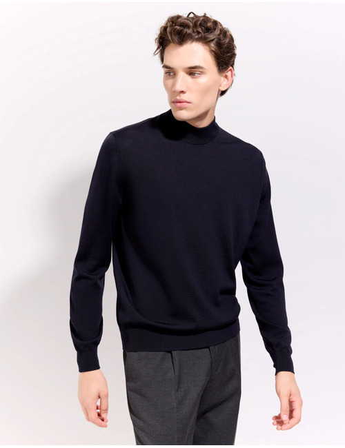 trui met opstaande kraag in Royal Merino wol navyblauw