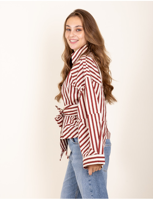 OsloW6 - gestreepte katoenen blouse in bordeaux
