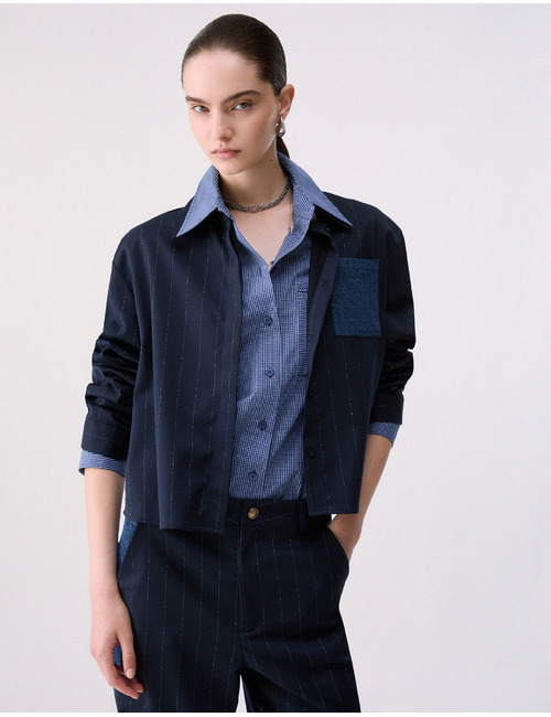 Gestreept hemd met denim borstzak blauw