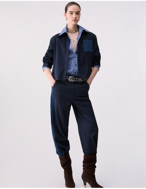 Gestreept hemd met denim borstzak blauw
