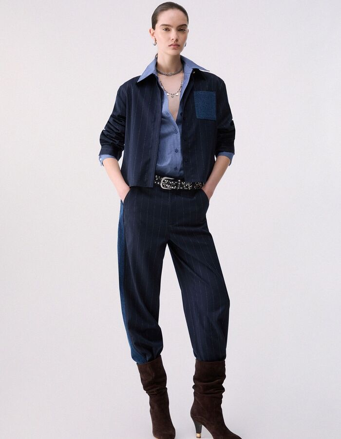 Gestreept hemd met denim borstzak blauw