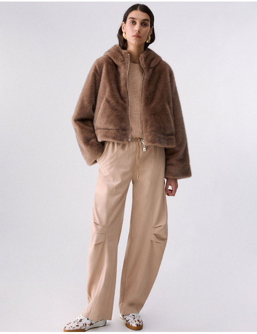 Omkeerbare teddy jas met trekkoord beige