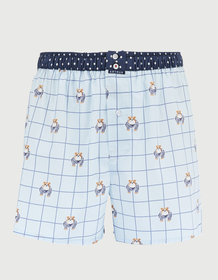 Boxershort met hondenprint en ruitpatroon lichtblauw