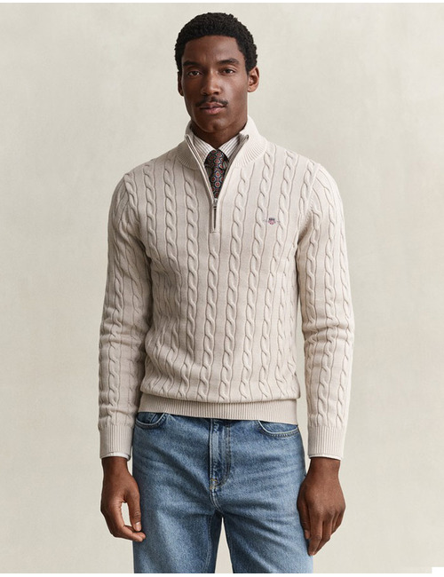 Cable Knit half-zip trui van biologisch katoen kleibeige