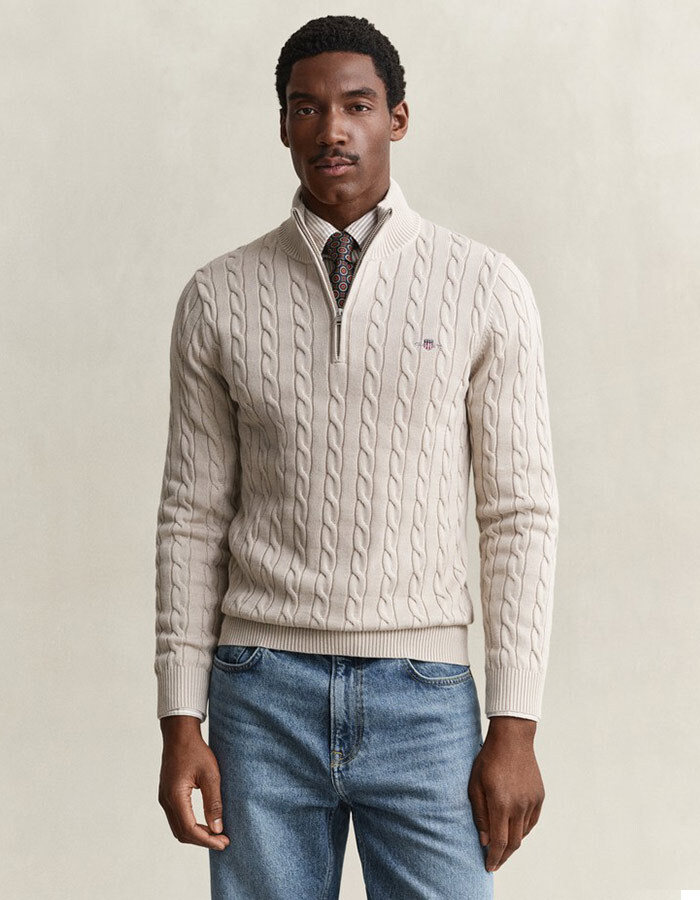 Cable Knit half-zip trui van biologisch katoen kleibeige