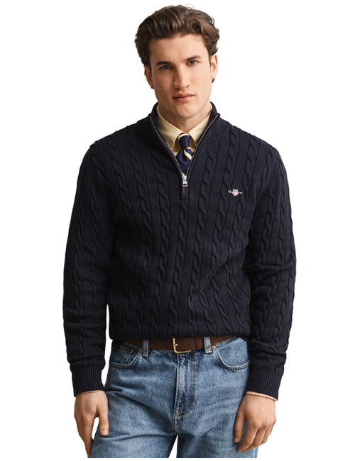 Kabelgebreide trui met halve rits evening blue