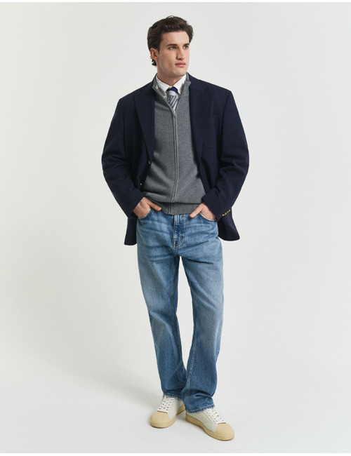 Cardigan zippé en piqué de coton gris foncé chiné