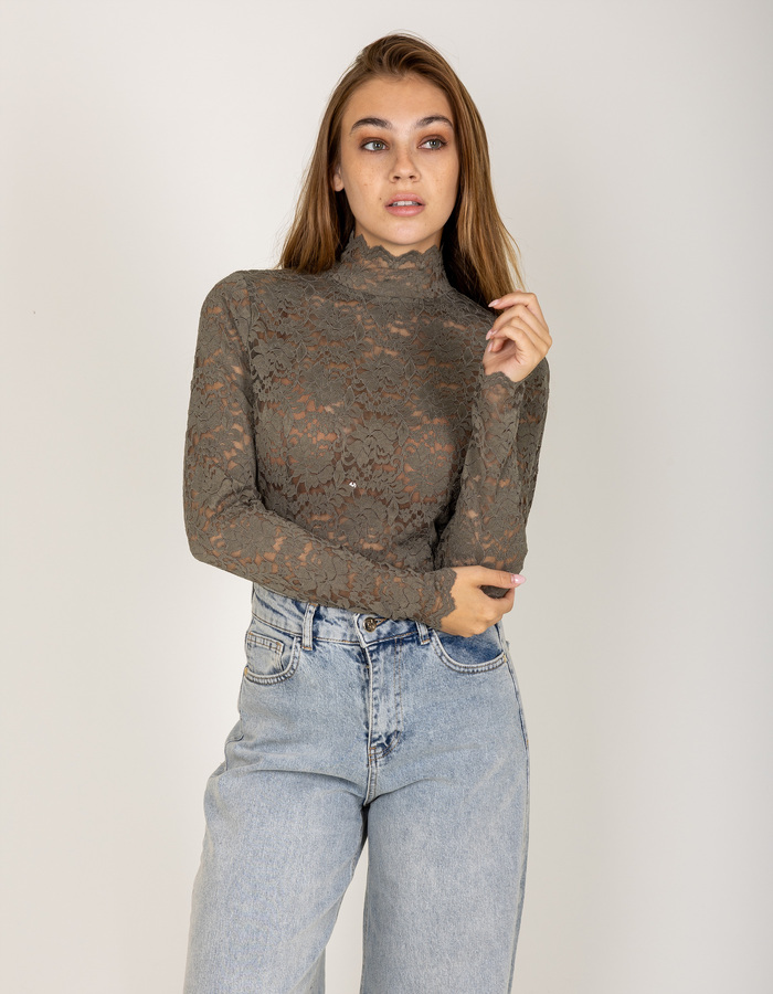 Liza - laceflower blouse met bloemenkant kaki
