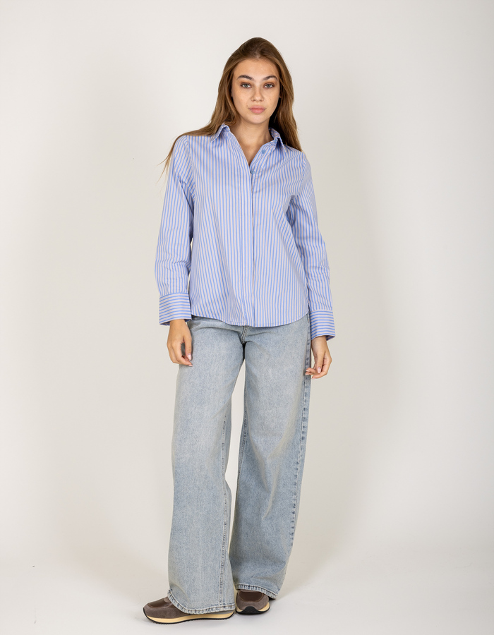 Patty Blouse - katoenen bloes met strepen lichtblauw/camel