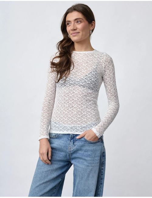 Gimas-ls - kanten top met lange mouwen crème