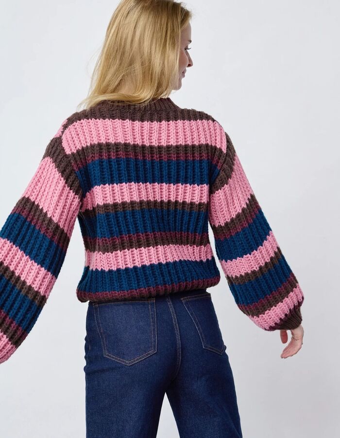 Krissy-ls.pu - gestreepte grofgebreide trui roze combinatie