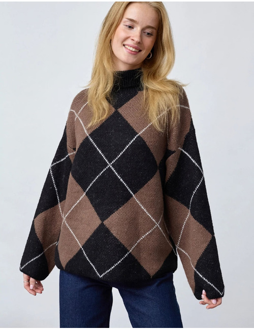 Luna-pu - oversized trui met ruitpatroon bruin-zwart