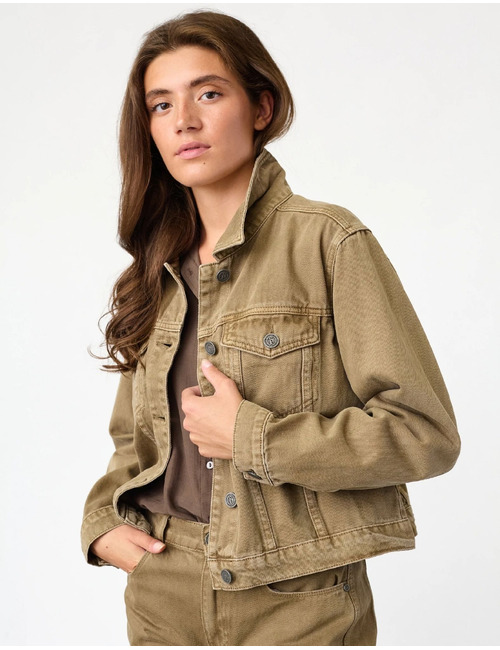 Fauna-ja - korte denim jas met wassing olijfgroen