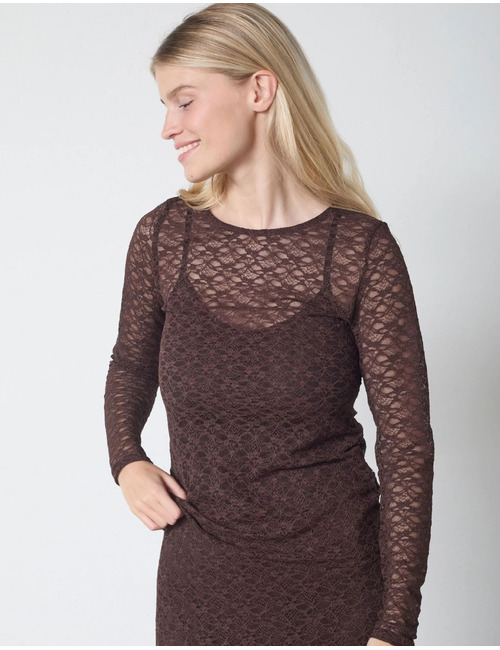 Gimas-ls - kanten top met lange mouwen donkerbruin