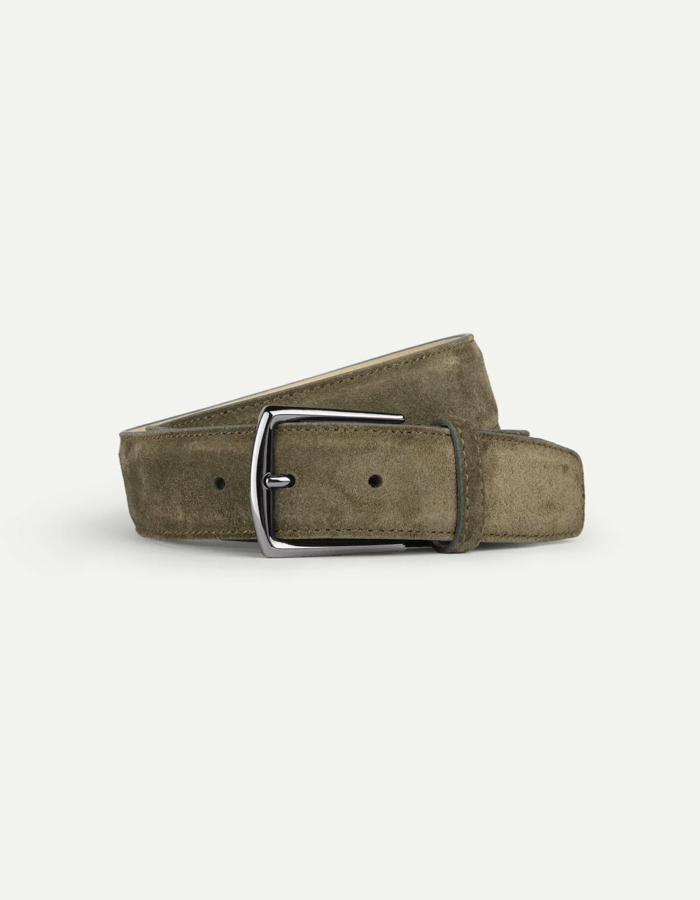 Olijfgroene suède riem met gunmetal gesp