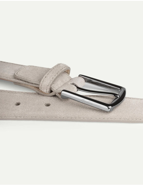 Lichtgrijze suède riem met gunmetal gesp