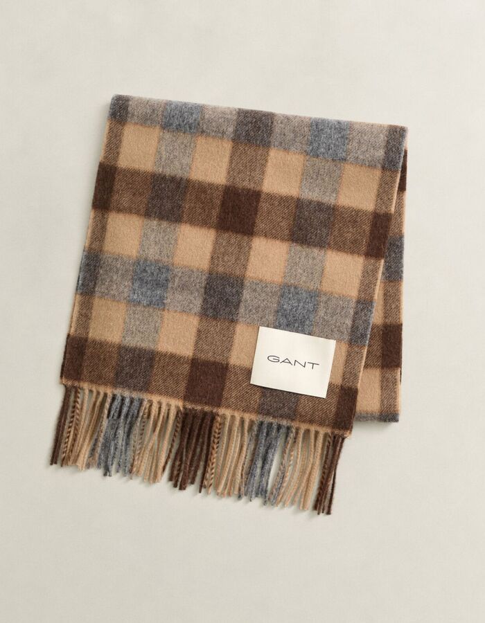 Sjaal van merinowol met ruitmotief warm khaki