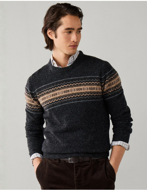 Merino Wool Fairisle trui met ronde hals college grey