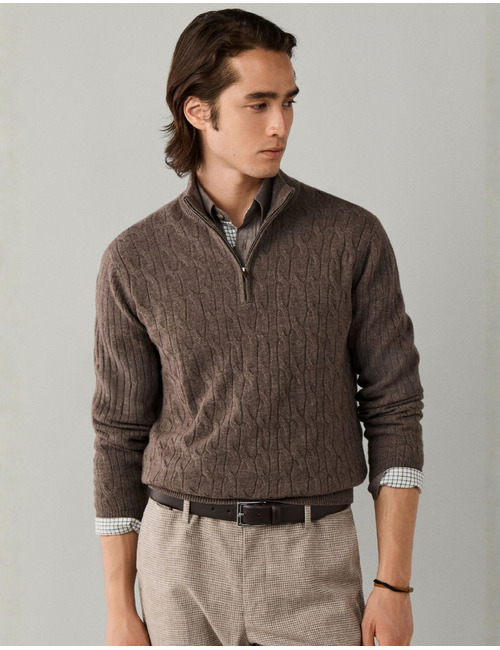 Lambswool Cable Knit trui met kwart rits putty beige