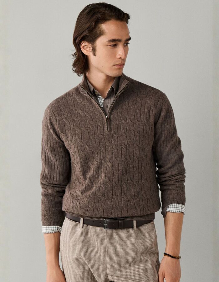 Lambswool Cable Knit trui met kwart rits putty beige