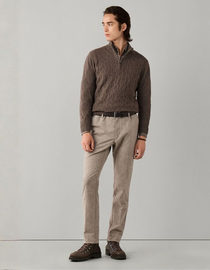 Lambswool Cable Knit trui met kwart rits putty beige