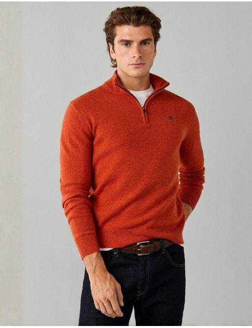 Lambswool trui met kwart rits spice orange