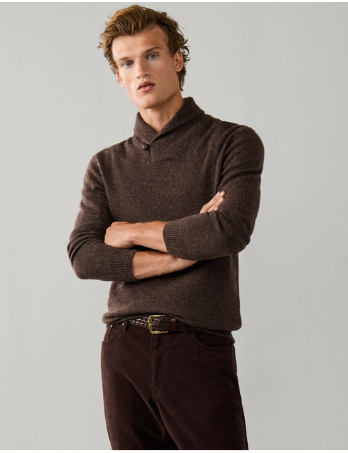 Merino Wool-Cashmere trui met sjaalkraag nut brown