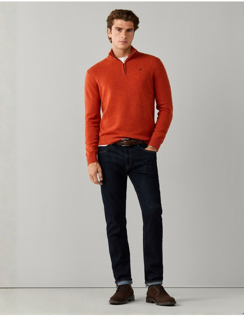 Lambswool trui met kwart rits spice orange