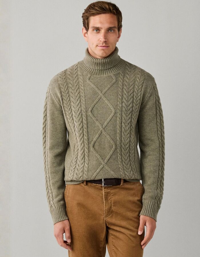 Wool-Cashmere Argyle trui met rolkraag olive green