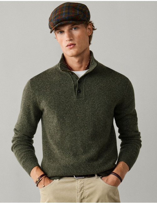 Merino Wool Mouline trui met knoopsluiting olive green