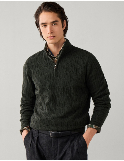 Lambswool Cable Knit trui met kwart rits hunter green