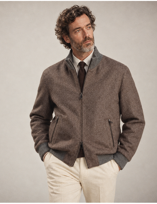 Wollen blouson met contrasterende ribboorden bruin