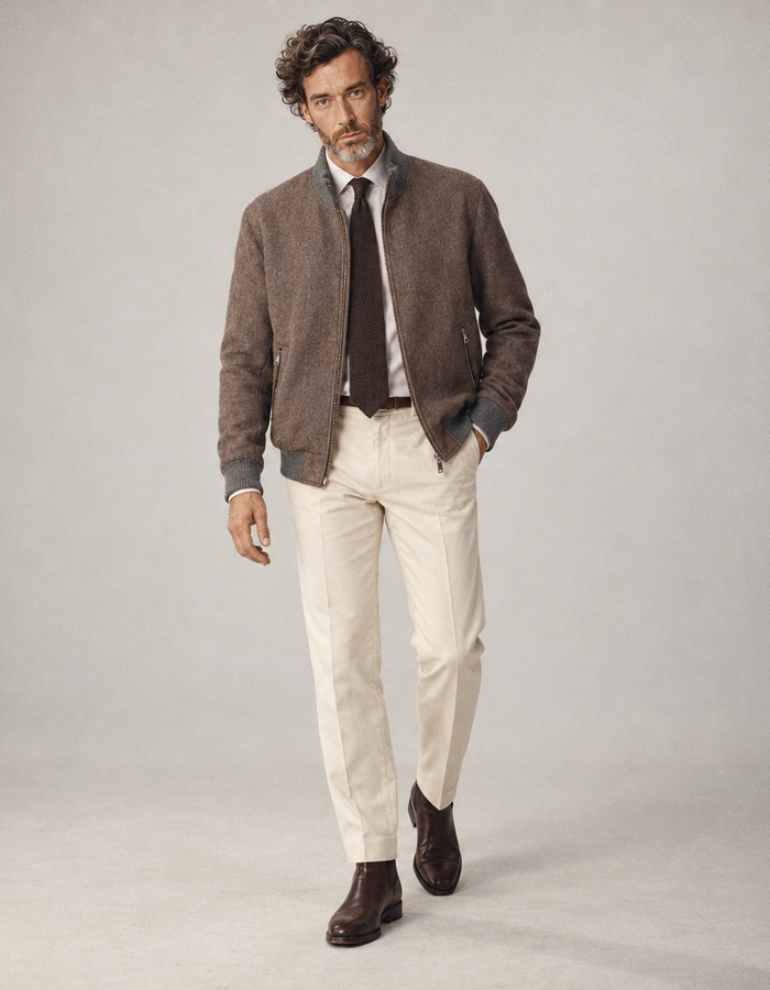 Wollen blouson met contrasterende ribboorden bruin