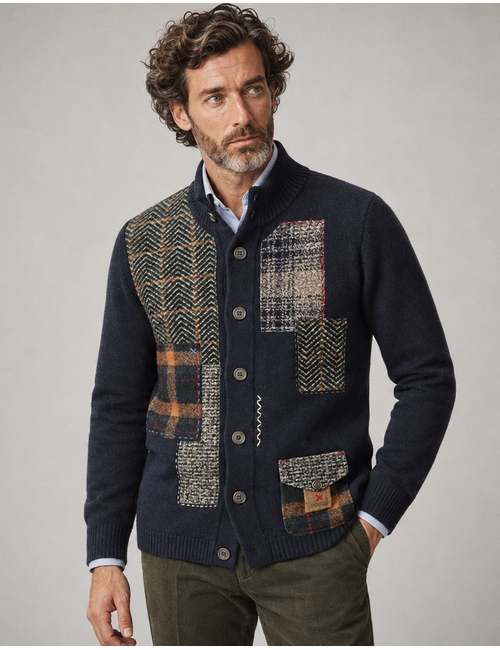 Curt cardigan met patchwork donkerblauw