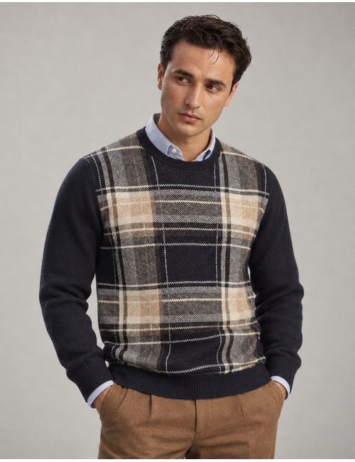 Trui in lamswol met ruitpatroon donkerblauw