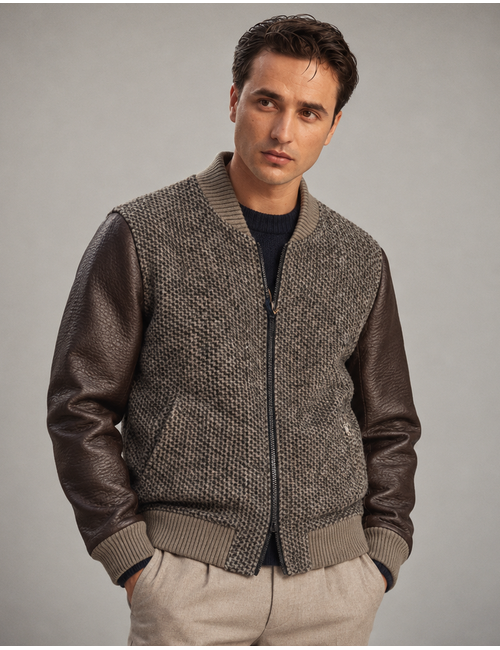 Kelly jas met gebreide structuur en contrasterende mouwen taupe