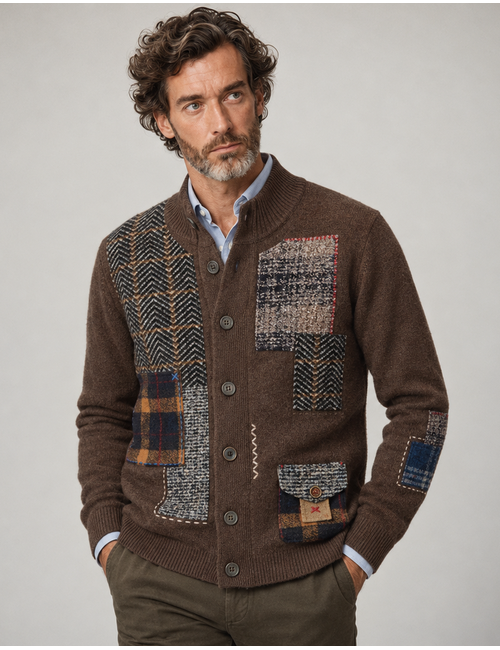 Curt cardigan met patchwork donkerbruin