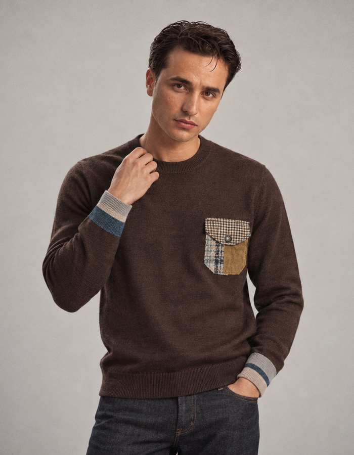 Clive trui met patchwork borstzak donkerbruin
