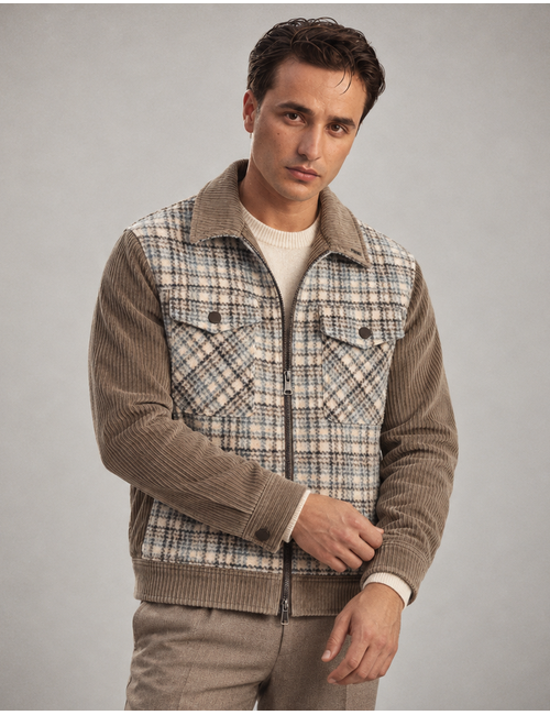 Trevis jas met ruitpatroon en ribfluweel beige