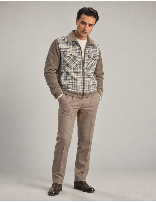 Trevis jas met ruitpatroon en ribfluweel beige