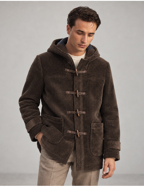 Duffelcoat in ribfluweel met capuchon donkerbruin