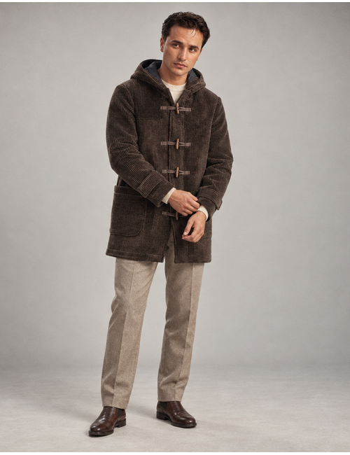 Duffelcoat in ribfluweel met capuchon donkerbruin