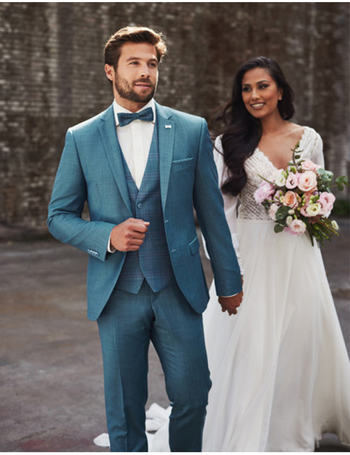  Slim fit driedelig kostuum in turquoise wol 