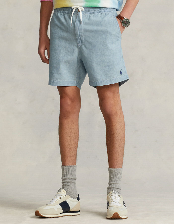 Lichtblauwe chambray short met drawstring