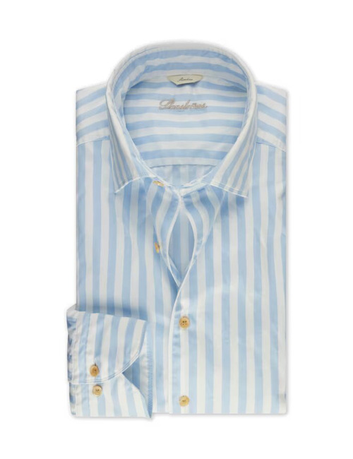 Fitted Body Casual Blue Striped Twill Shirt